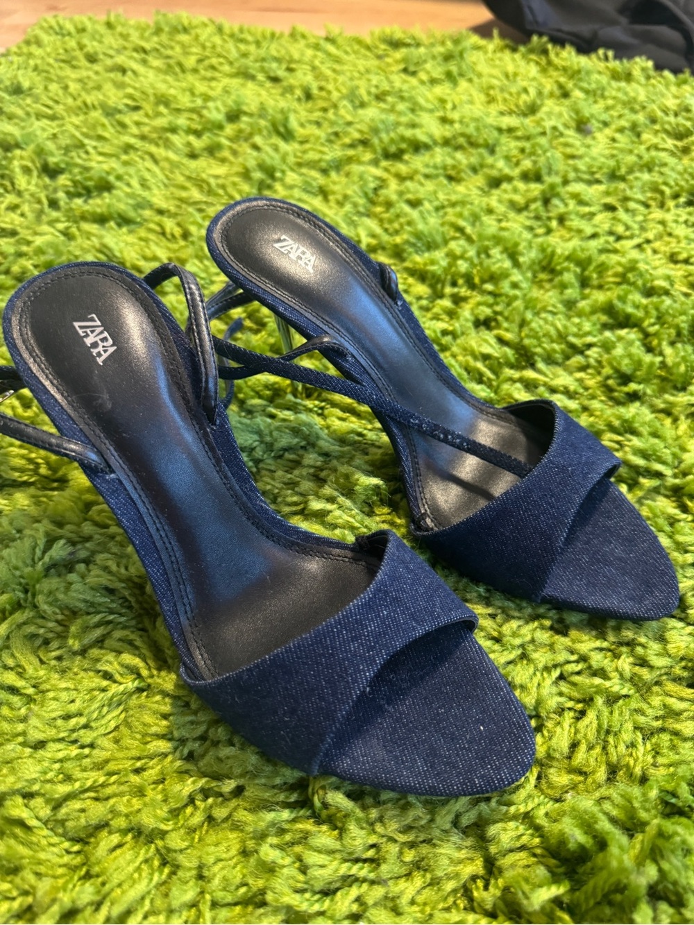ZARA Dark Blue Denim Slingback Pointed-Toe Heels
